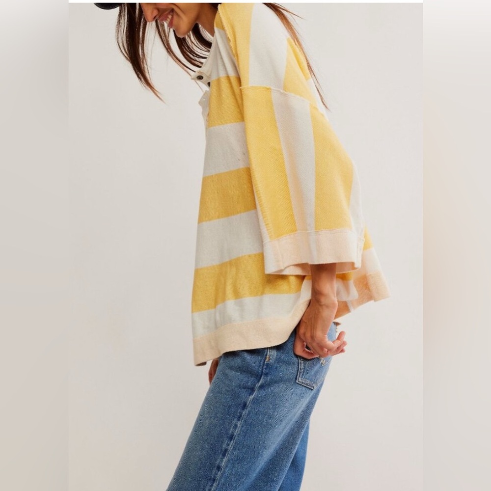 Free People Yellow and Cream Striped Henley Jersey - Picture 5 of 11